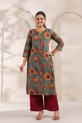Berni green floral cotton long kurta