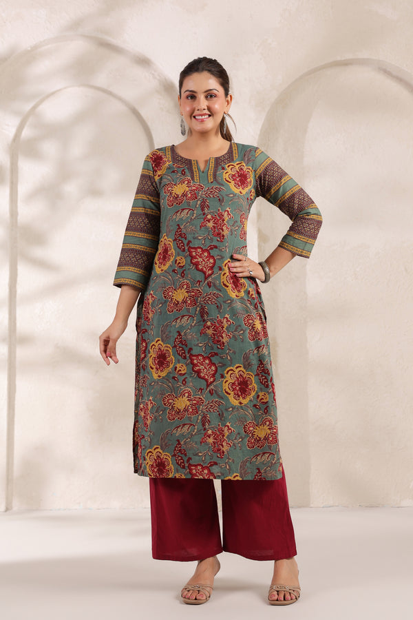 Berni green floral cotton long kurta