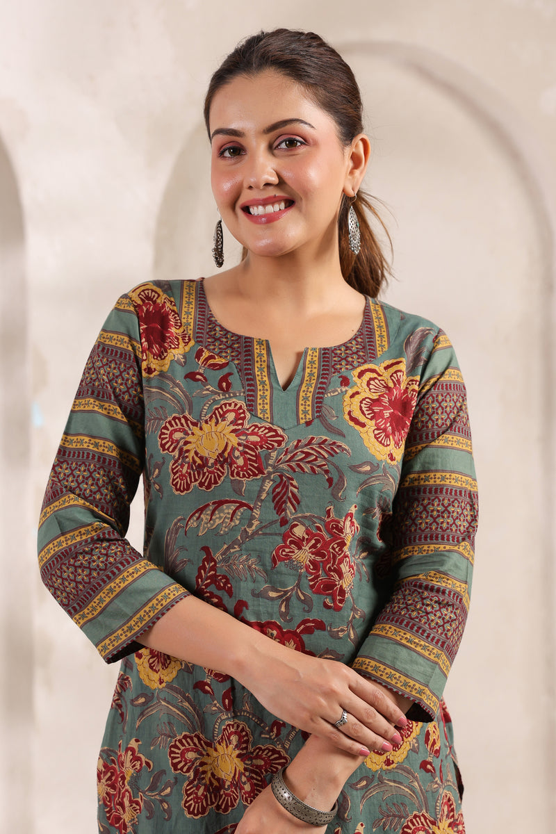Berni green floral cotton long kurta