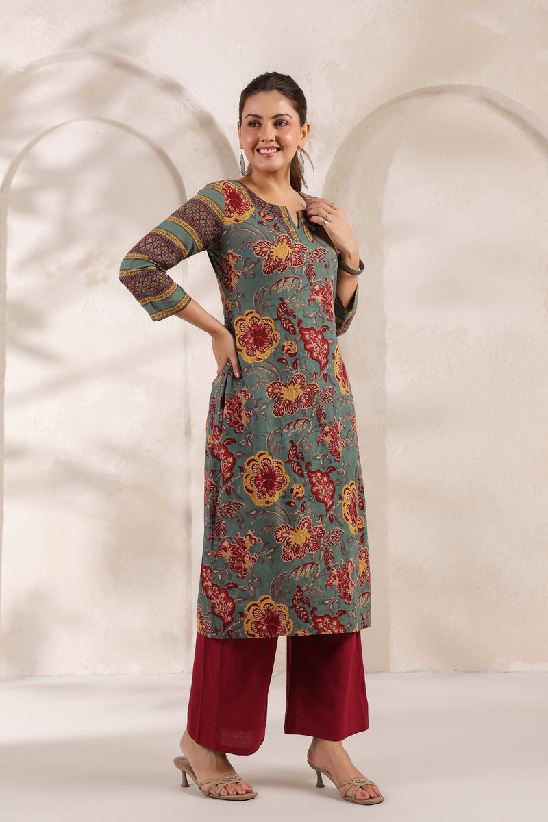 Berni green floral cotton long kurta