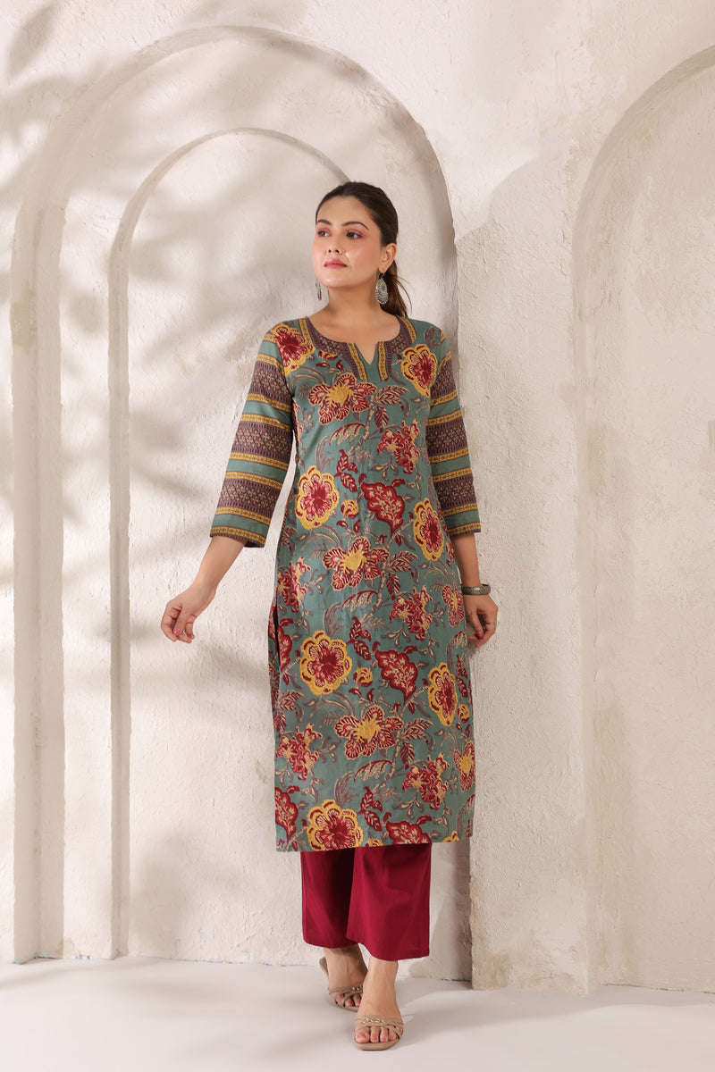 Berni green floral cotton long kurta