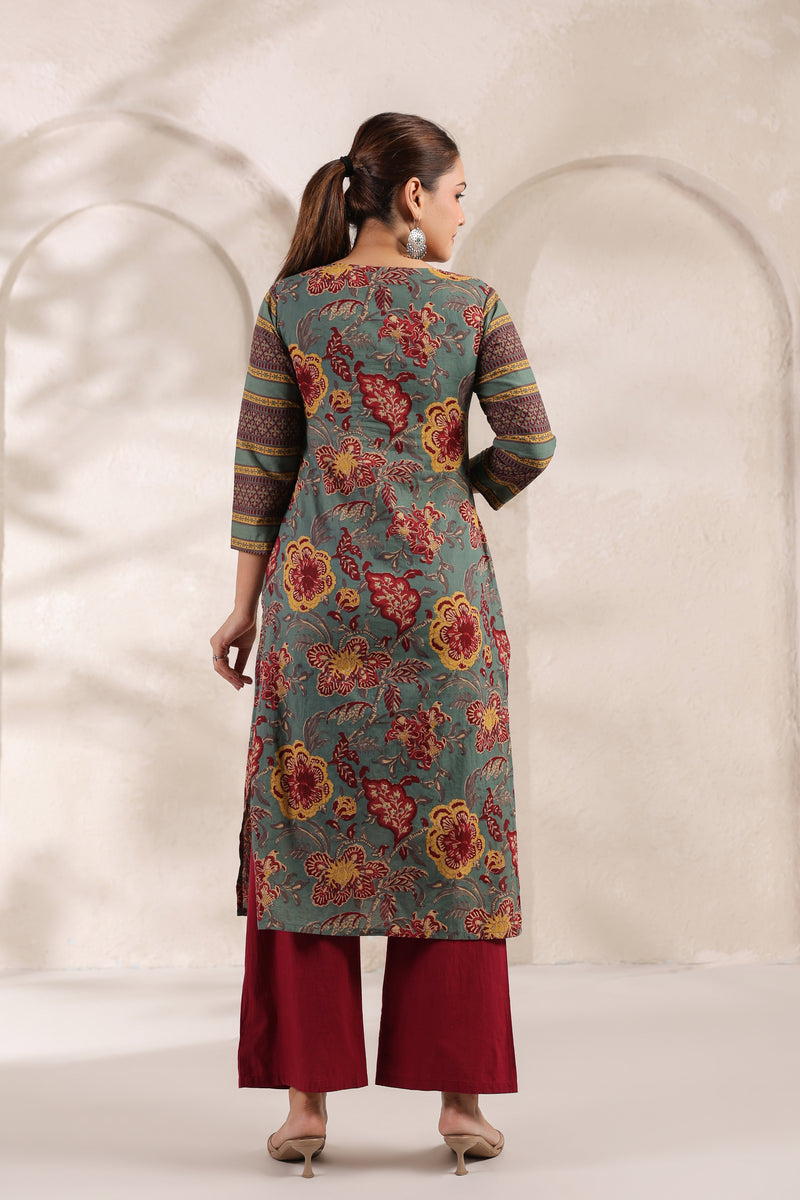 Berni green floral cotton long kurta