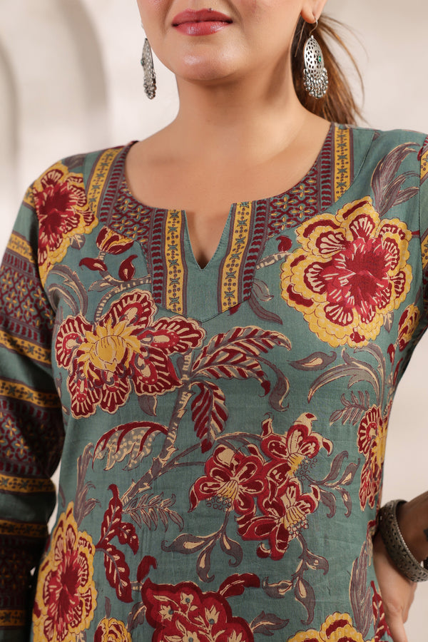 Berni green floral cotton long kurta