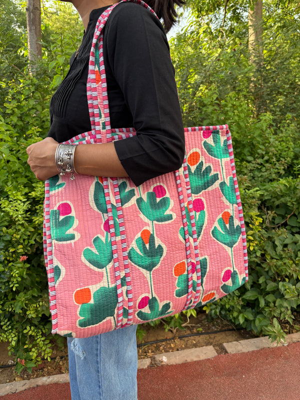 Lily pink quilted tote bag
