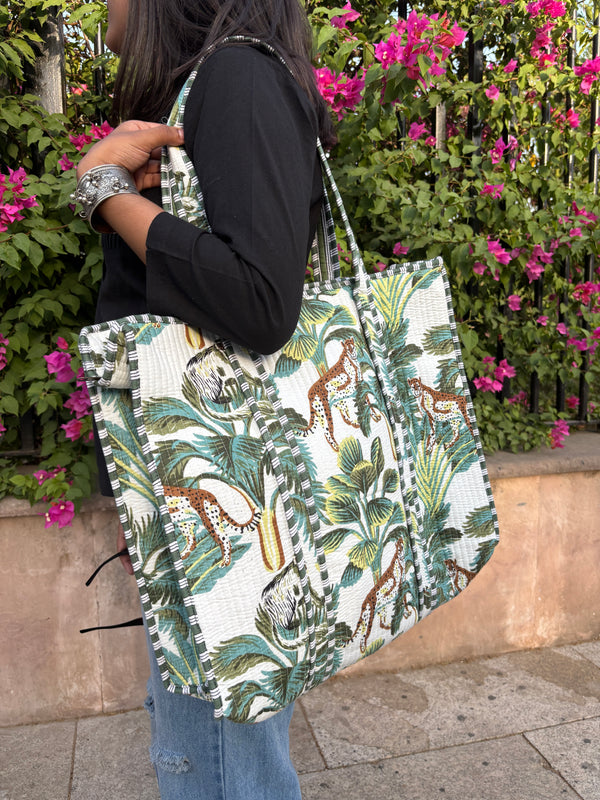 Palm green large quilted tote bag