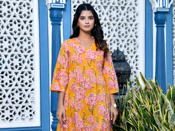 Marigold yellow floral cotton dress