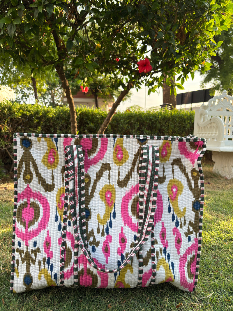 Ikkat white quilted tote bag