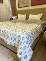 Geonest Sage Green Reversible Handblock Printed Quilted Double Bed Jaipuri Razai