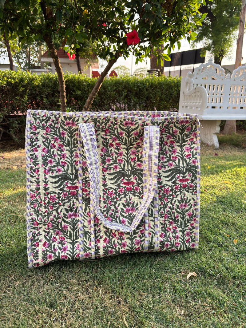 Lily garden pale yellow quilted tote bag
