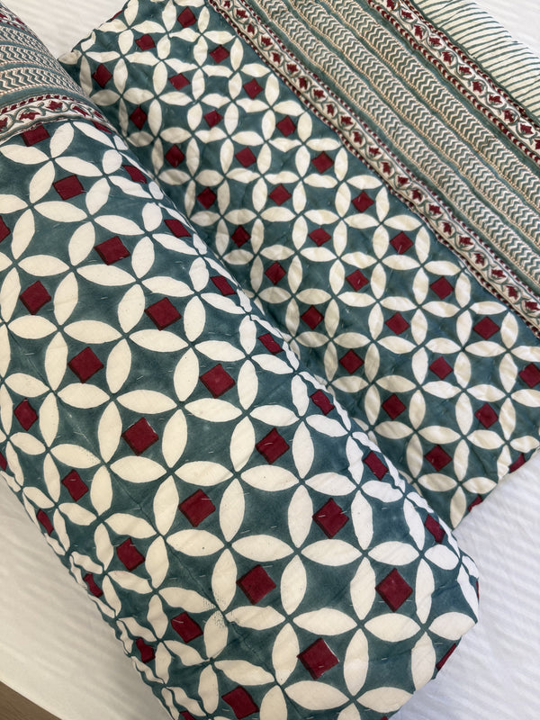 Geonest Sage Green Reversible Handblock Printed Quilted Double Bed Jaipuri Razai
