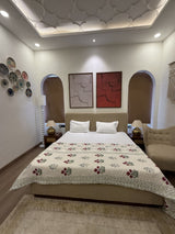 China Rose White Reversible Handblock Printed Double Bed Jaipuri Razai