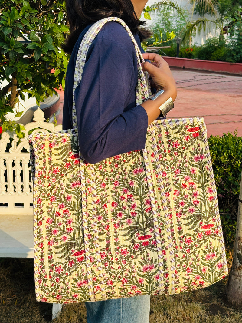 Lily garden pale yellow quilted tote bag