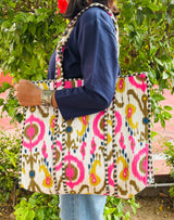 Ikkat white quilted tote bag