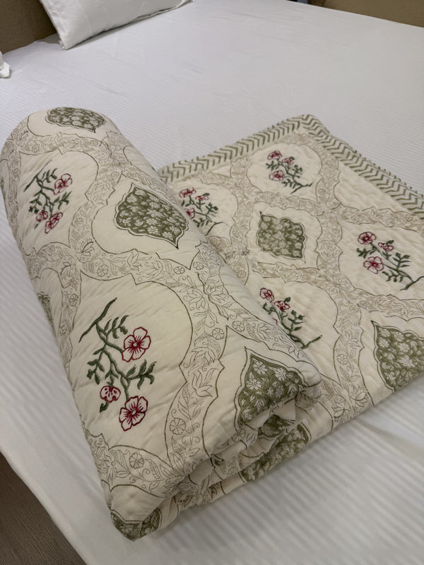 Petal & Patch Light Green Reversible Handblock Printed Cotton Double Bed Jaipuri Razai