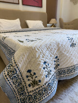 Wildflower Blue Reversible Handblock Printed Double Bed Jaipuri Razai