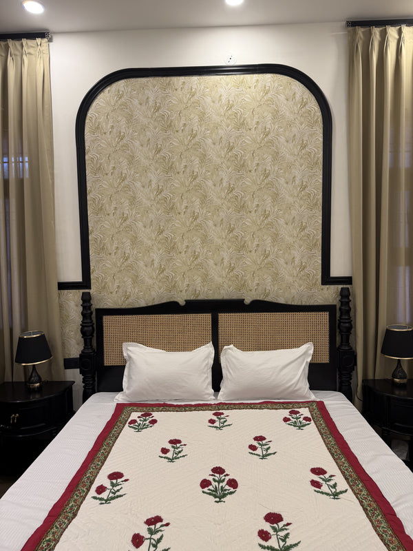 Wildrose Red Reversible Handblock Printed Cotton Single Bed Jaipuri Razai