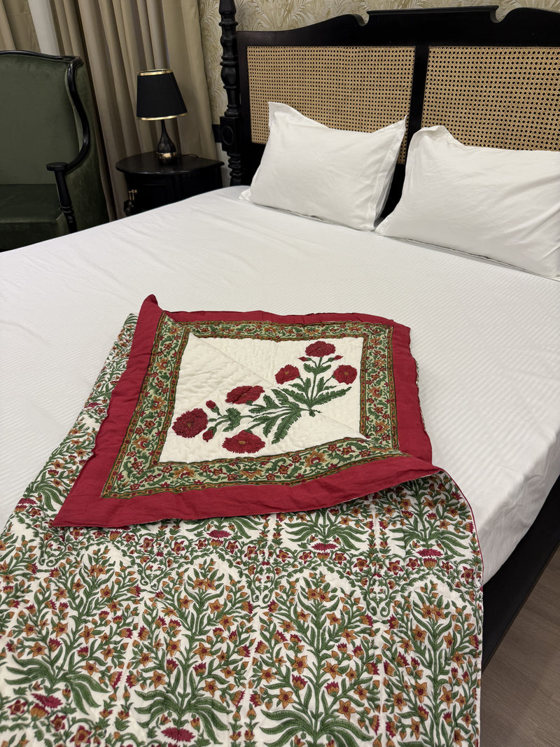 Wildrose Red Reversible Handblock Printed Cotton Single Bed Jaipuri Razai