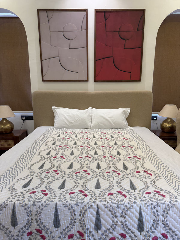 Meadow Dream White Reversible Handblock Printed Cotton Single Bed Jaipuri Razai