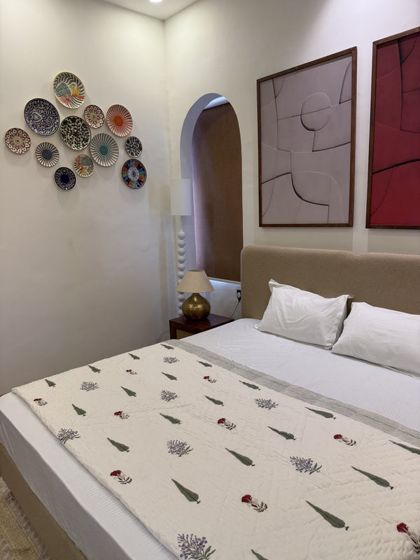 Rosevine White Reversible Handblock Printed Cotton Double bed Jaipuri Razai
