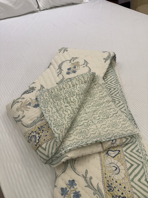 Earthbound Light Green Reversible Handblock Printed Cotton Single Bed Jaipuri Razai