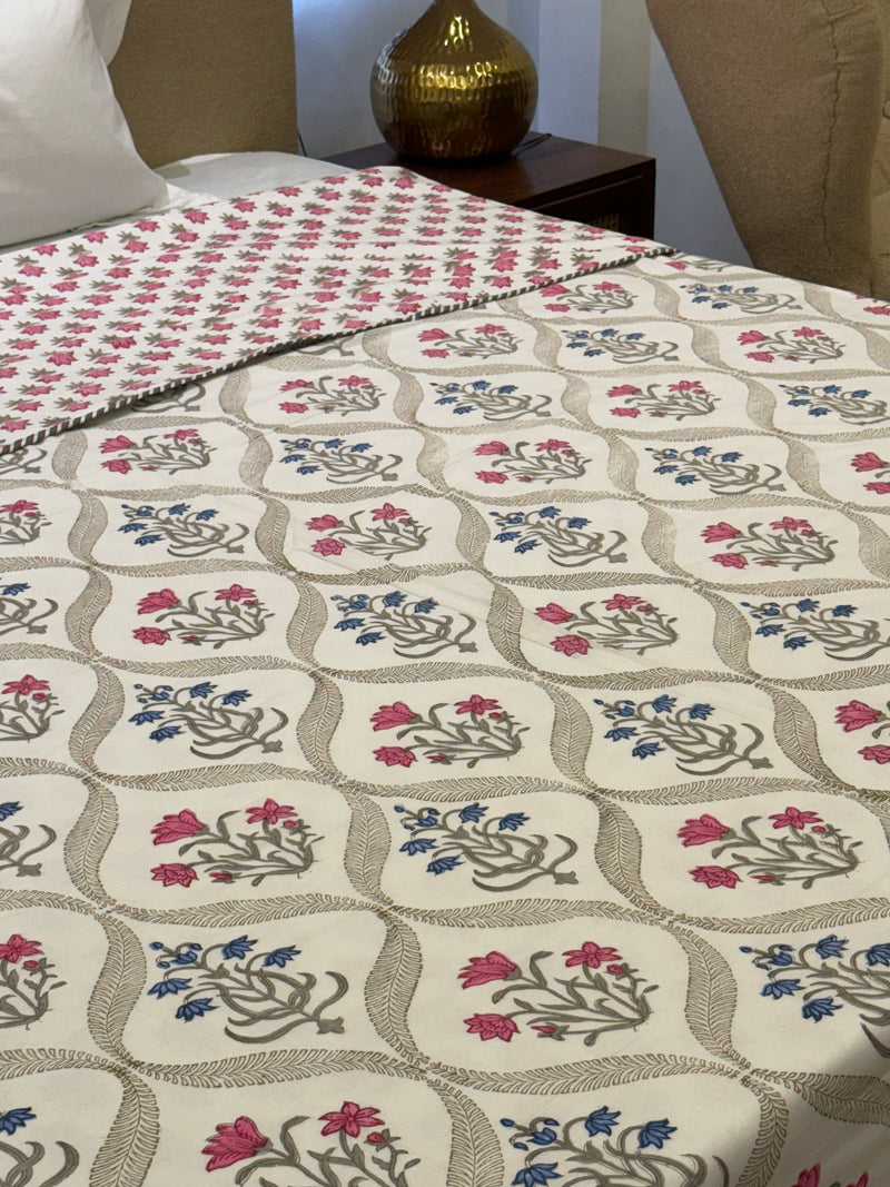 Gulaabi Noor Pink Reversible Handblock Printed Cotton Double Bed Ac Quilt