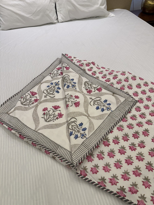 Gulaabi Noor Pink Reversible Handblock Printed Cotton Double Bed Ac Quilt