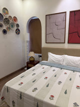 Marigold Green Reversible Handblock Printed Cotton Double Bed Ac Quilt