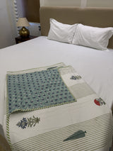 Marigold Green Reversible Handblock Printed Cotton Double Bed Ac Quilt