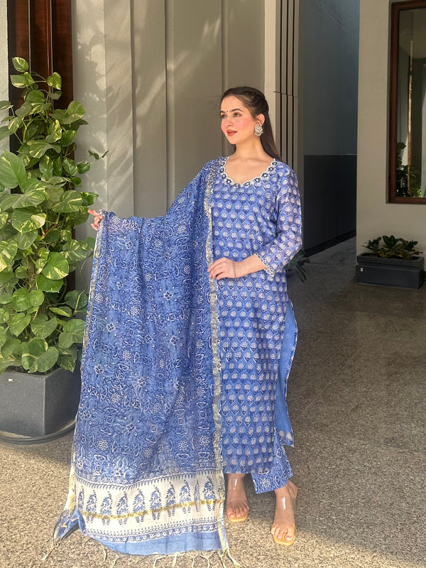 Rose Blue Embroidered Chanderi Handblock Printed Suit Set
