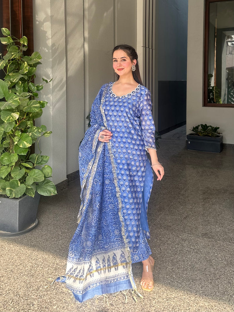 Rose Blue Embroidered Chanderi Handblock Printed Suit Set