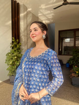 Rose Blue Embroidered Chanderi Handblock Printed Suit Set