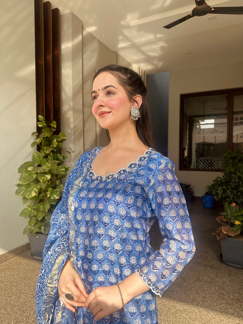 Rose Blue Embroidered Chanderi Handblock Printed Suit Set