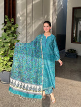 Suhana Green Embroidered Chanderi Handblock Printed Suit Set