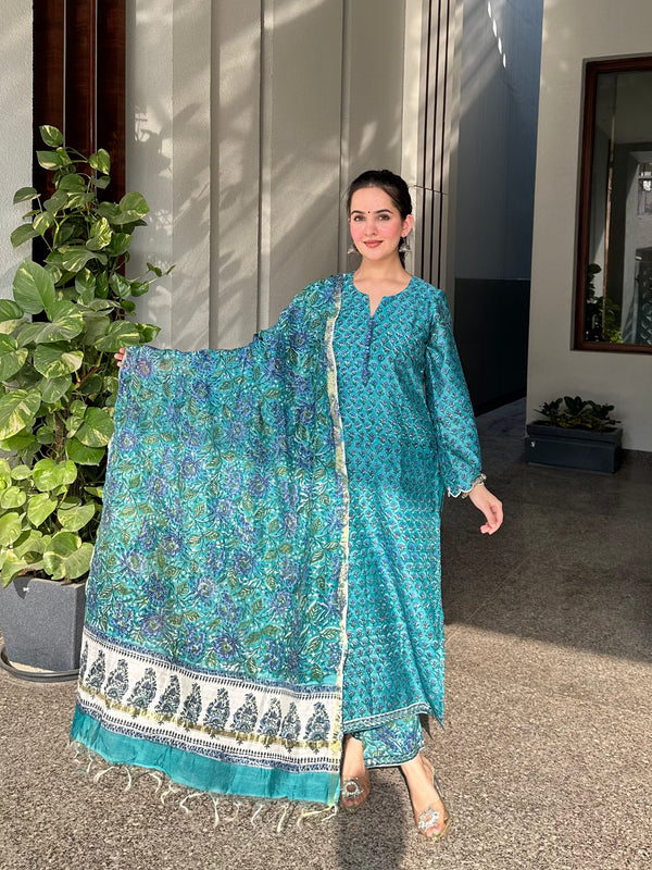 Suhana Green Embroidered Chanderi Handblock Printed Suit Set