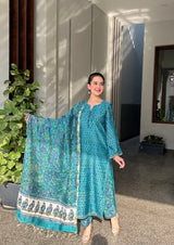Suhana Green Embroidered Chanderi Handblock Printed Suit Set