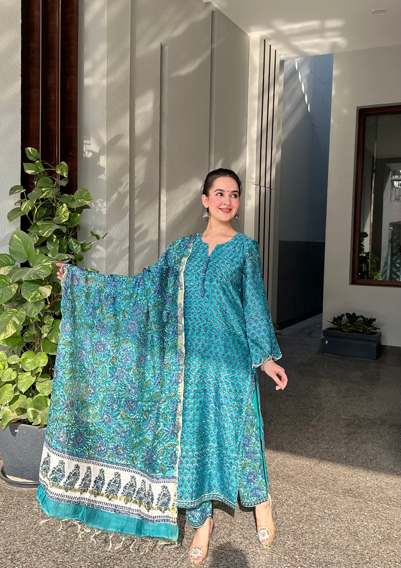 Suhana Green Embroidered Chanderi Handblock Printed Suit Set