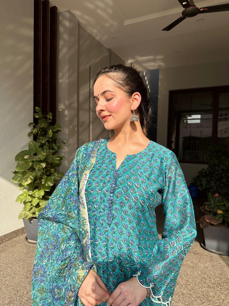 Suhana Green Embroidered Chanderi Handblock Printed Suit Set