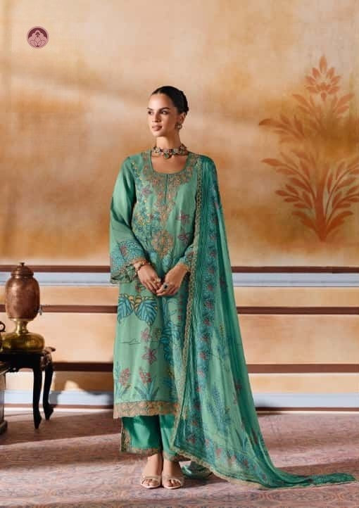 Rumani Green Pashmina Suit Set With Appliqué Work With Chinnon Dupatta