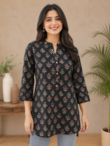 Raven Black Wildflower Noir Cotton Short Kurti