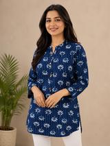 Sapphire Blue Blossom Noir Cotton Short Kurti