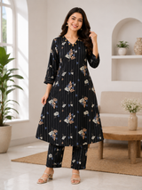 Avena Black Floral Stripe Cotton Co-Ord Set