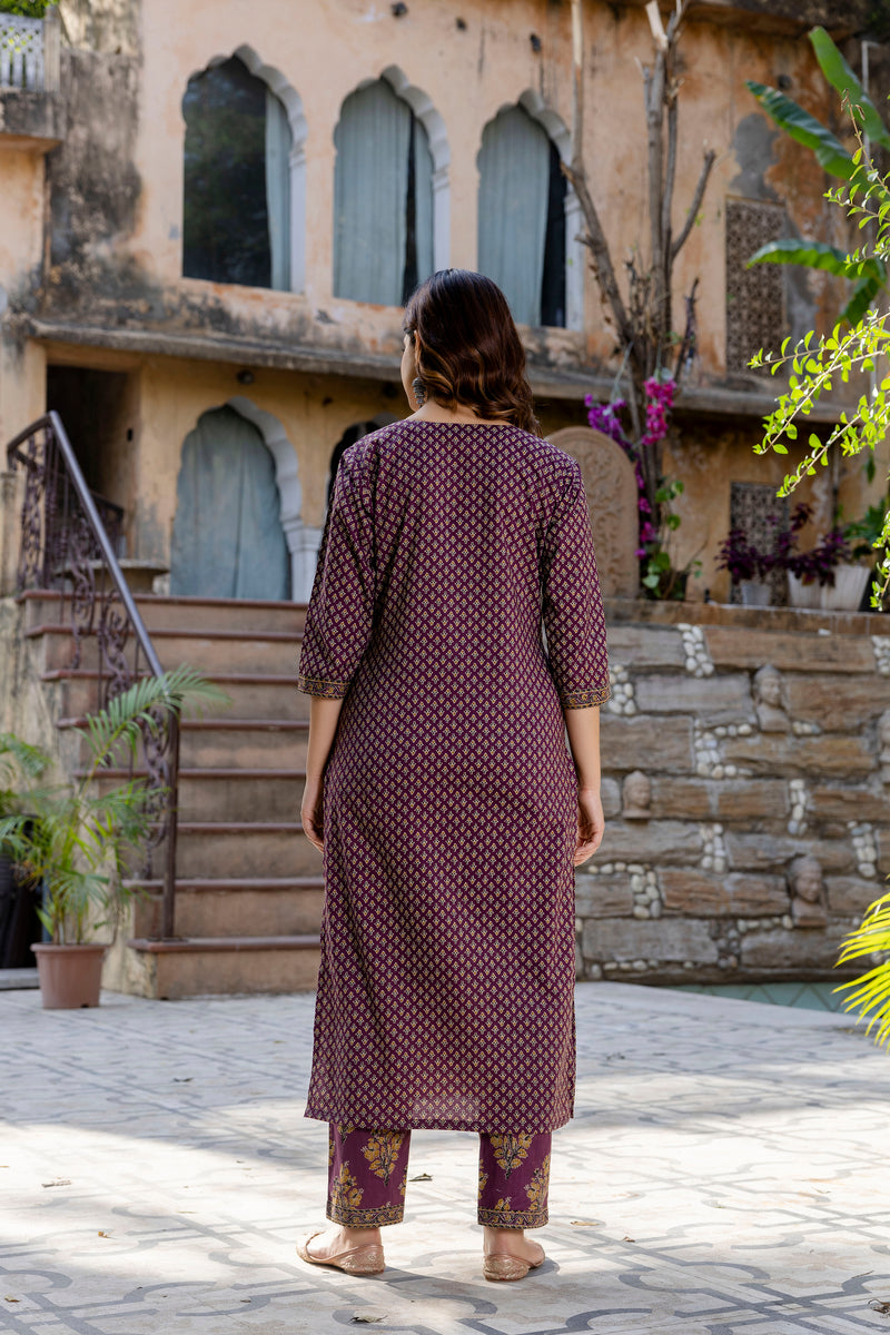Phool Purple Handblock Printed Cotton Suit Set(Plus size)