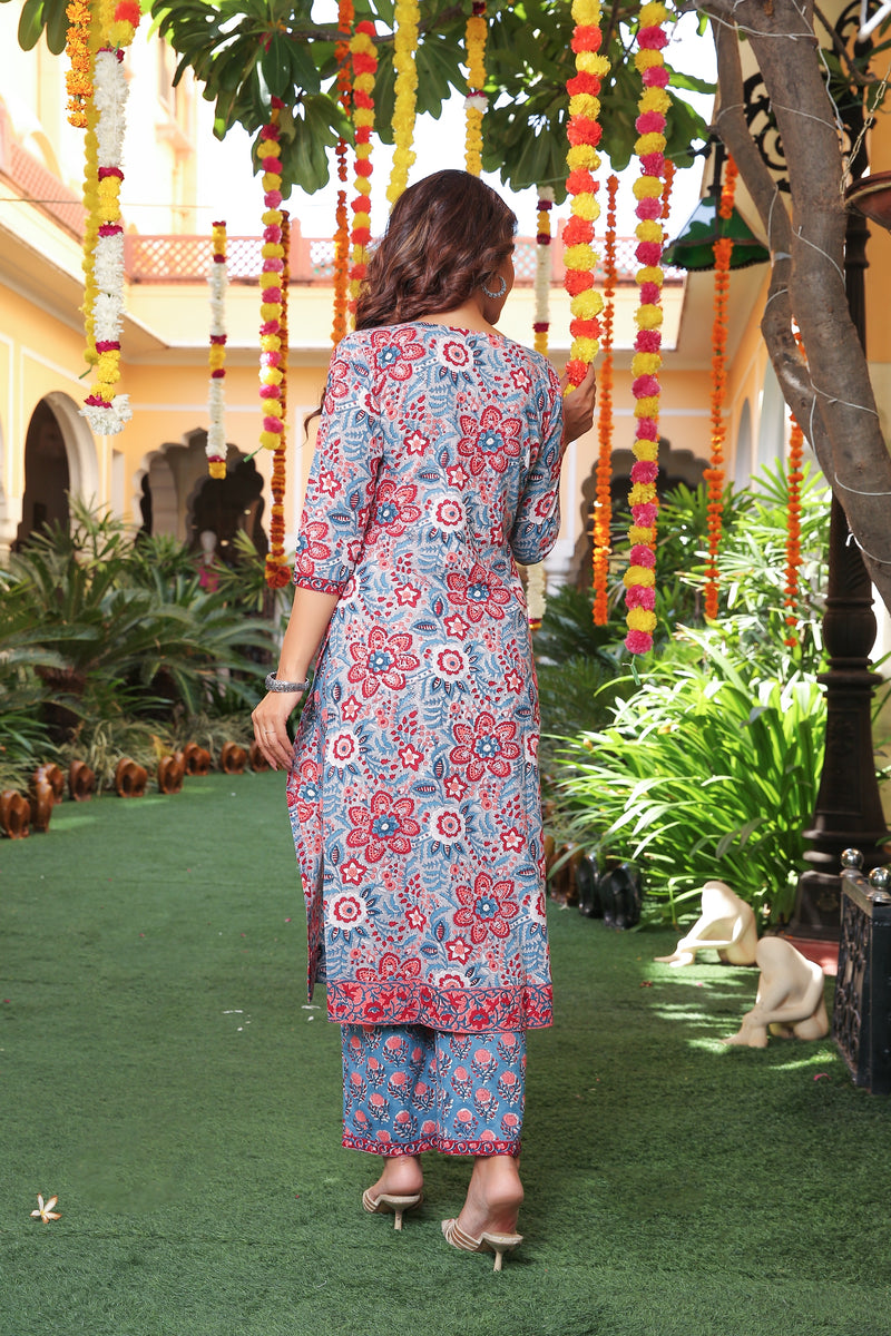 Intricate Lace Detail Red Blossom Handblock print Kurta & Pant Only