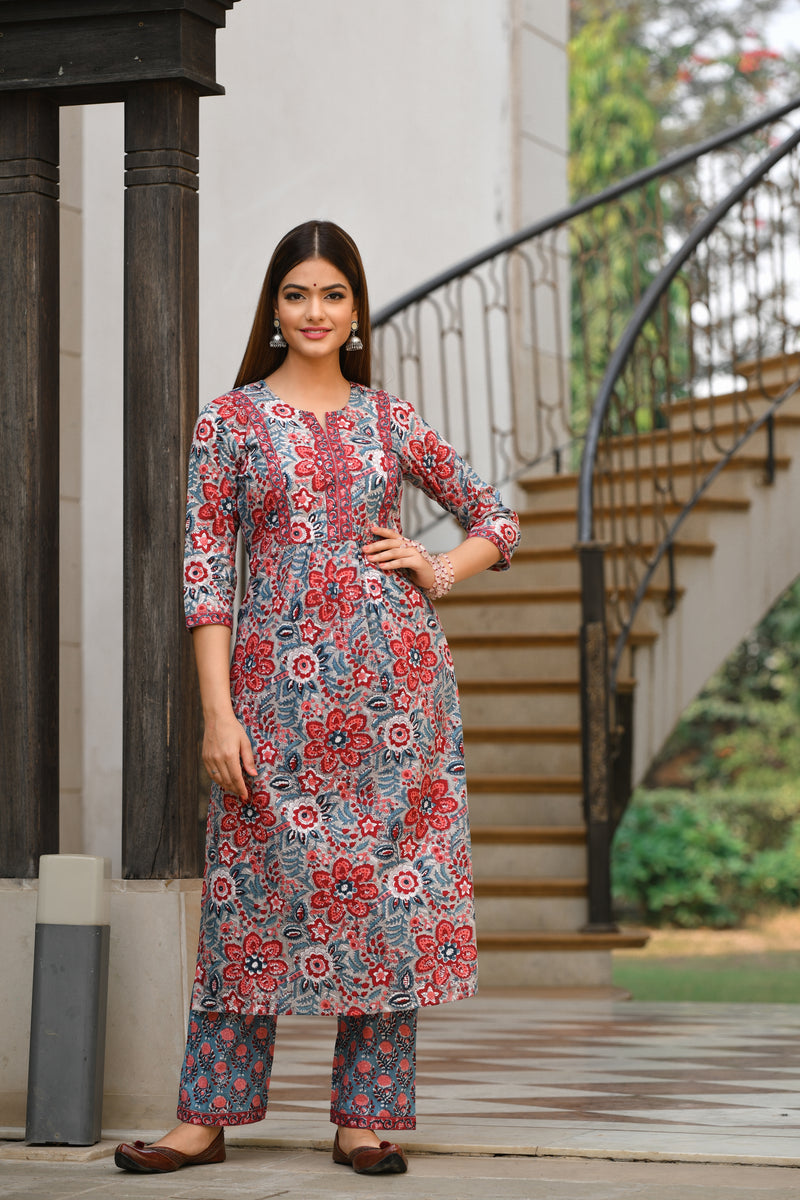 Bold And Beautiful Red Blossom Handblock Cotton Individual Kurta