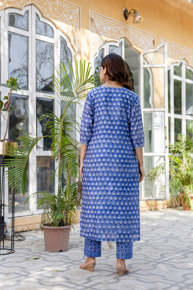Rose Blue Embroidered Chanderi Handblock Printed Suit Set (Plus Size)