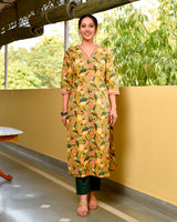 Yaseera Yellow Handblock Cotton Straight Jaal Kurta