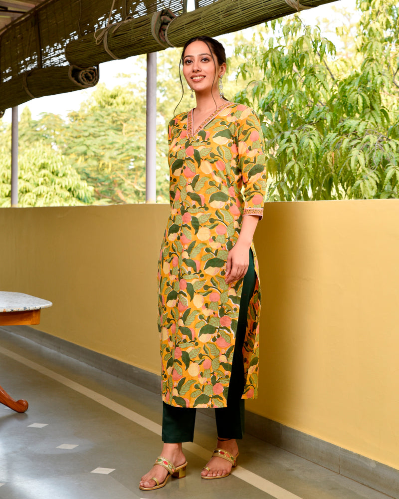 Yaseera Yellow Handblock Cotton Straight Jaal Kurta
