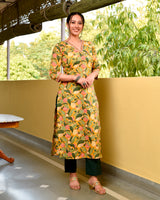 Yaseera Yellow Handblock Cotton Straight Jaal Kurta