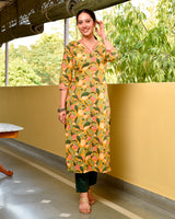 Yaseera Yellow Handblock Cotton Straight Jaal Kurta
