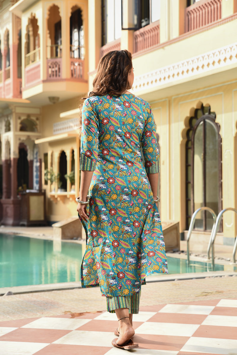 Floral Blue Green Chiffon Dupatta Suit Set (Plus Size)